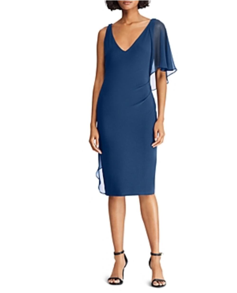 Ralph Lauren Blue Cocktail Dress Ruffled Sleeveless Beaded Midi Sheath Size 8
